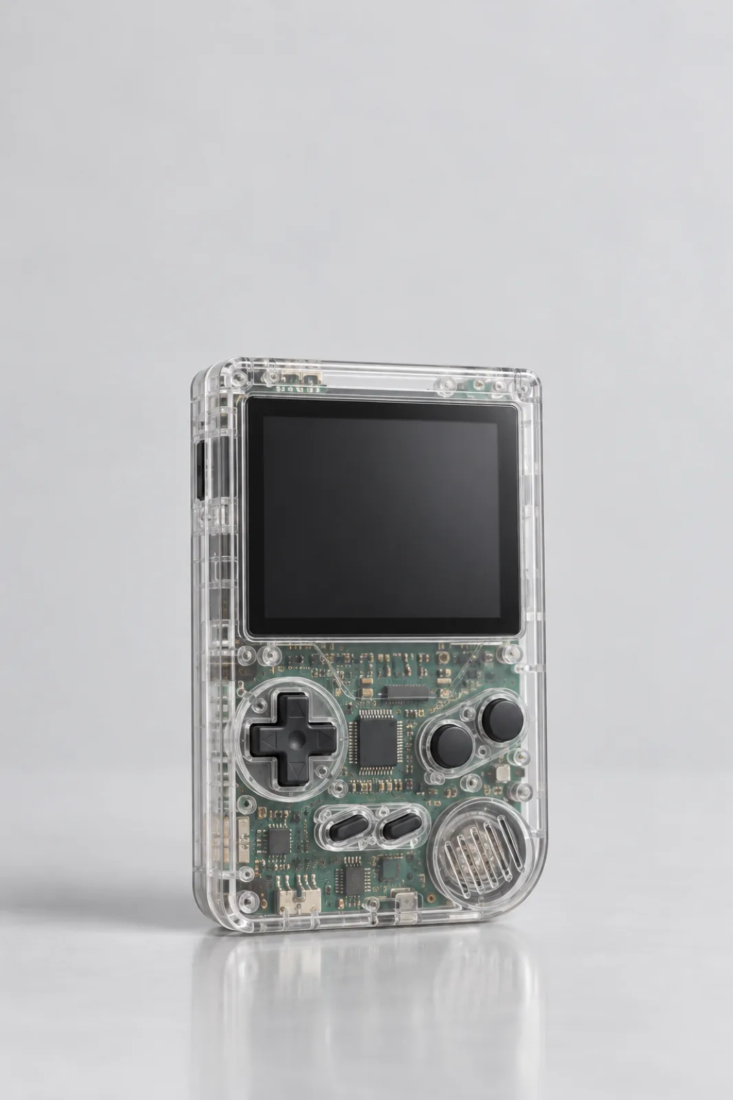 A handheld game console in a clear shell.