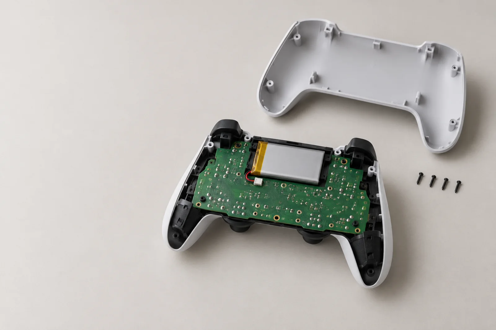 A game controller opened on pale paper, its back shell and screws beside it.
